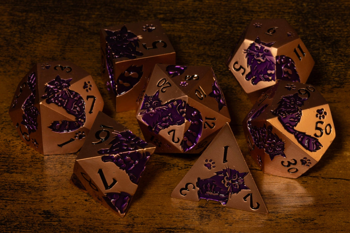 Meowgic metal cat dice sets from The Wizard's Vault
