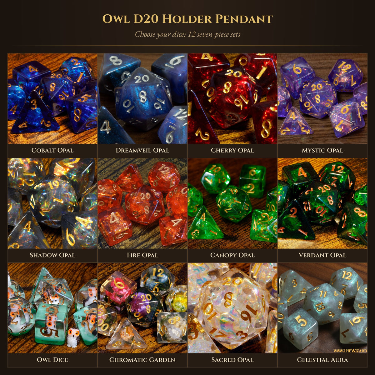 Dice set options for the Owl D20 holder pendant: 12 seven-piece sets