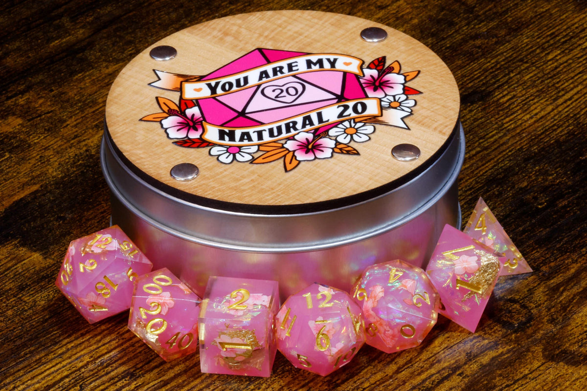 Rêve d’hibiscus – Ensemble de 7 dés à arêtes vives et boîte « You Are My Natural 20 »