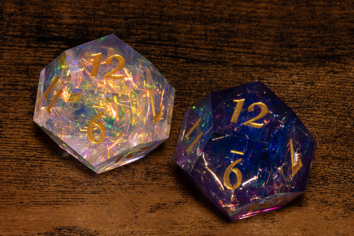 Hope & Fear D12 Set – Sacred Opal + Sacred Amethyst – Sharp-Edge Resin Duality Dice for Daggerheart