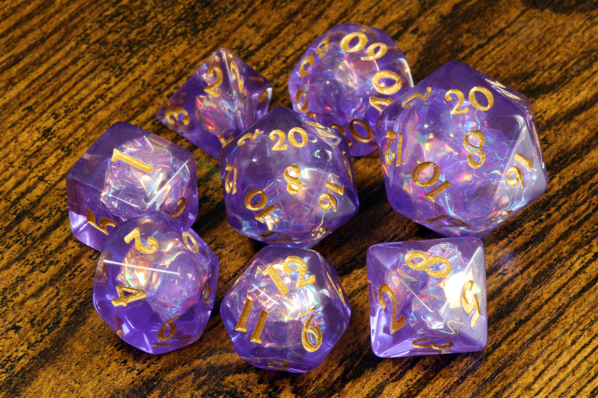 Mystic Opal 7-piece dice set, purple resin with holographic inclusions