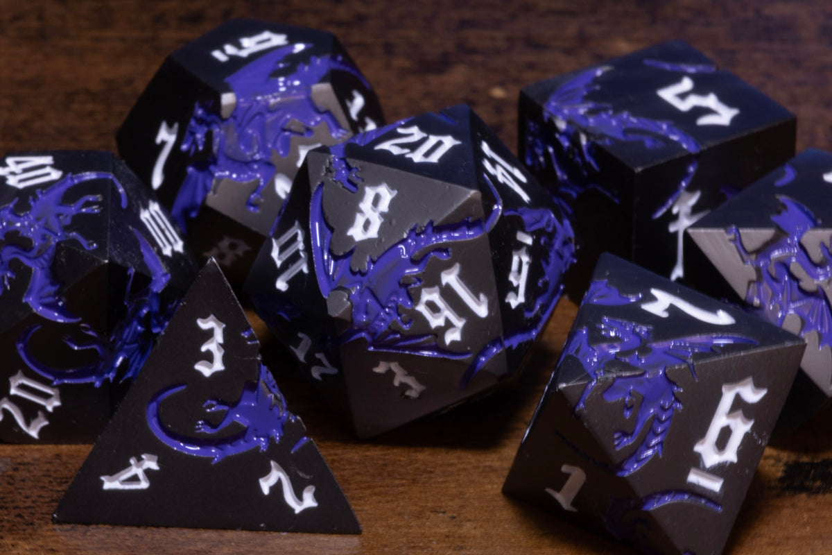 Dragoncore 7-Piece Metal Dice Set – Black with Purple Dragons