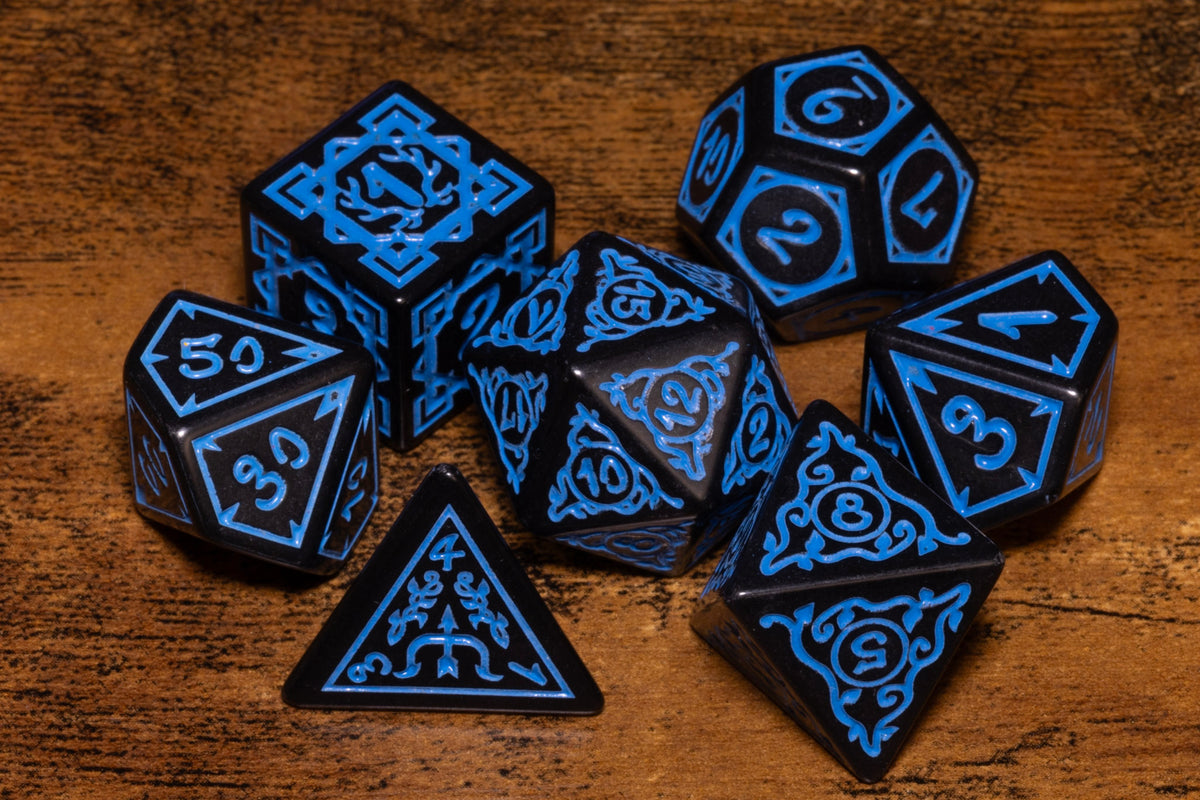 Arcane Scroll 7-Piece Acrylic Dice Set – Black with Blue Engraving
