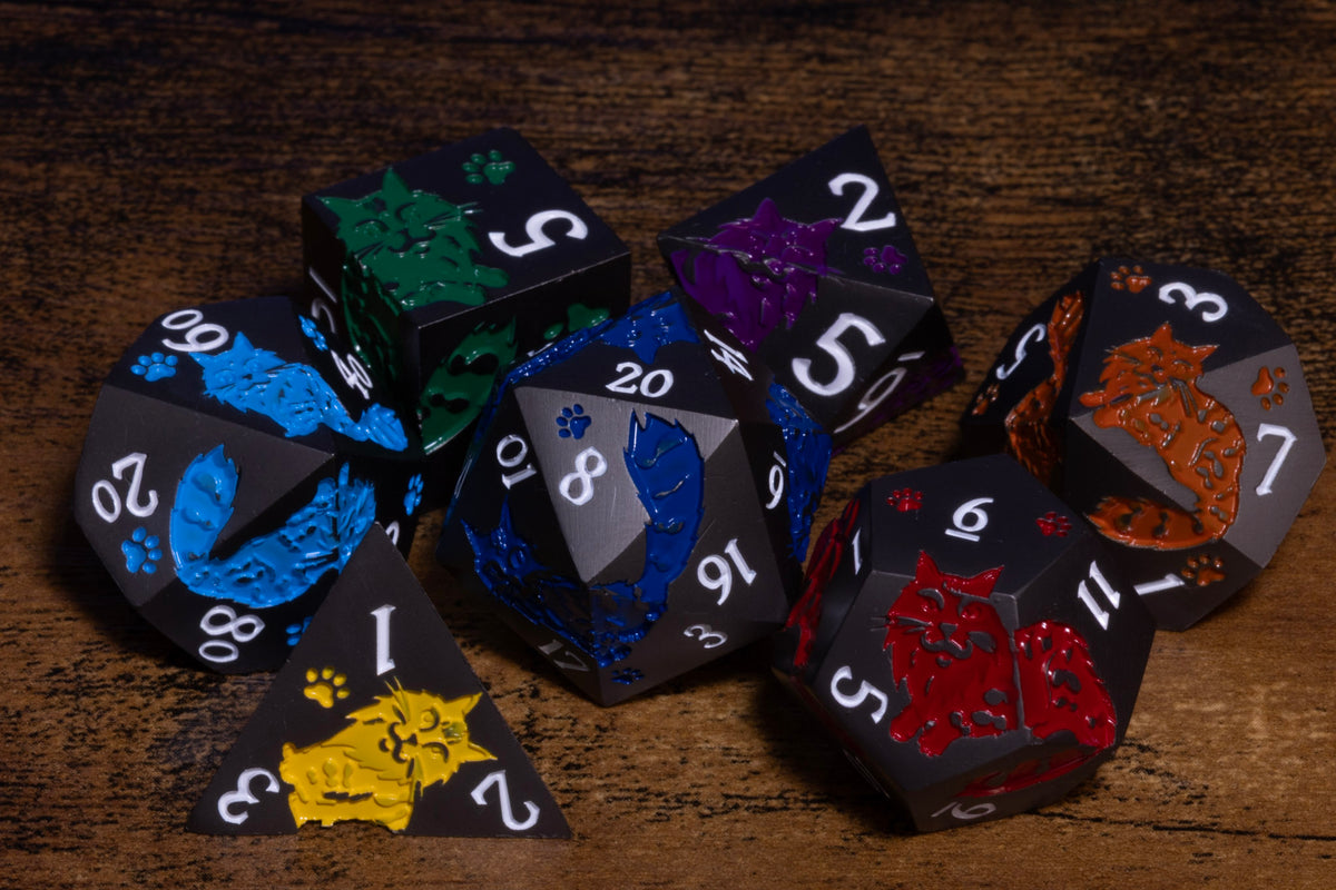 Meowgic 7-Piece Metal Dice Set – Black with Rainbow Cats