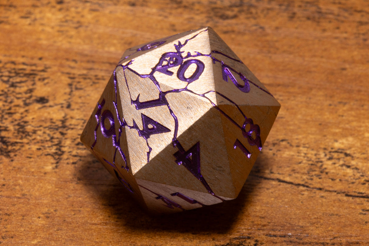 Eldritch Shard Metal D20 – Silver with Purple Cracks