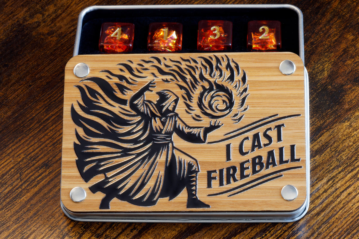 Boîte à dés Je lance une boule de feu et ensemble de 12 D6 Opale de feu – Rouge orangé à paillettes holographiques