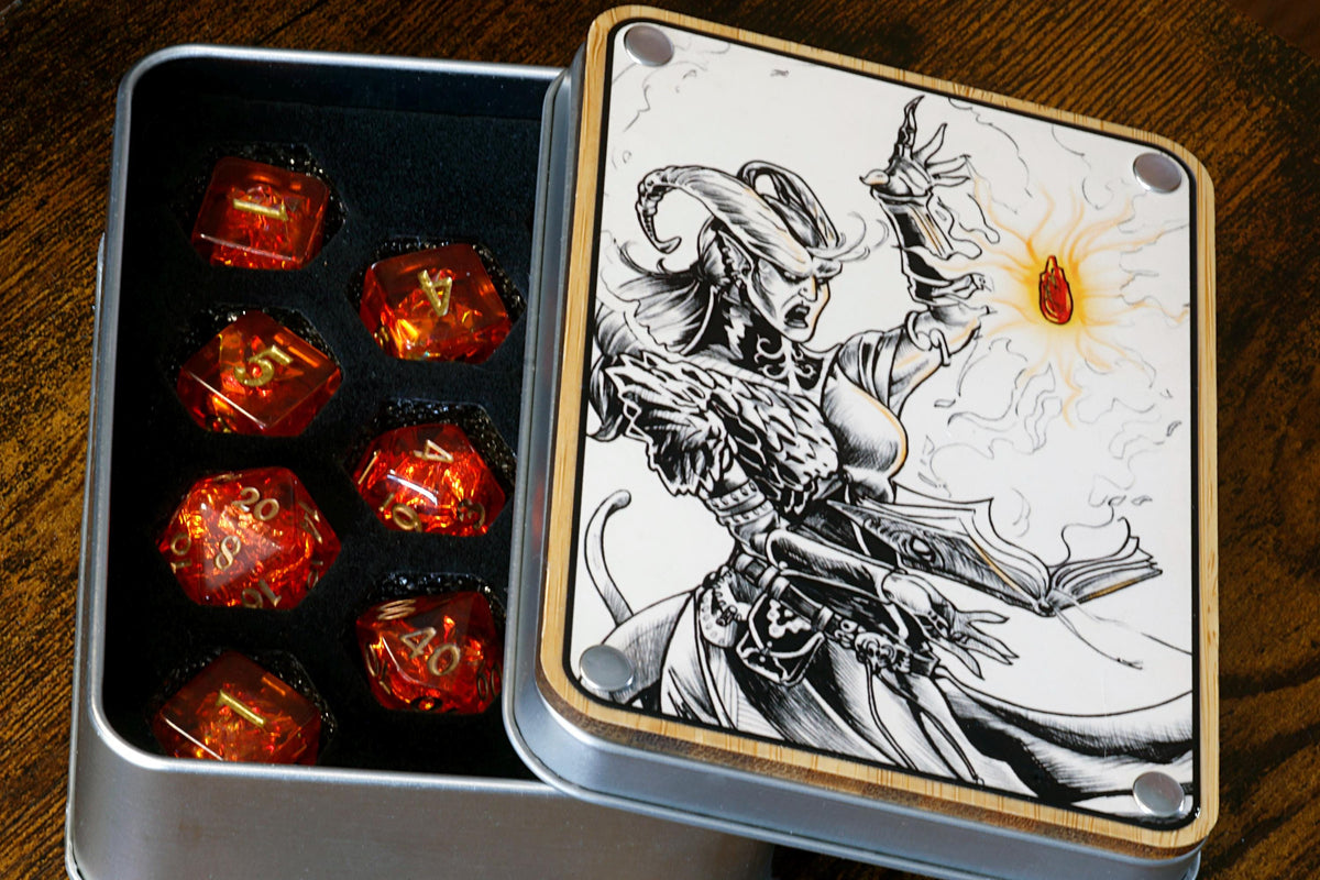 Pyromancer Ritual Dice Box and 11-Piece Fire Opal Dice Set - The Wizard's Vault