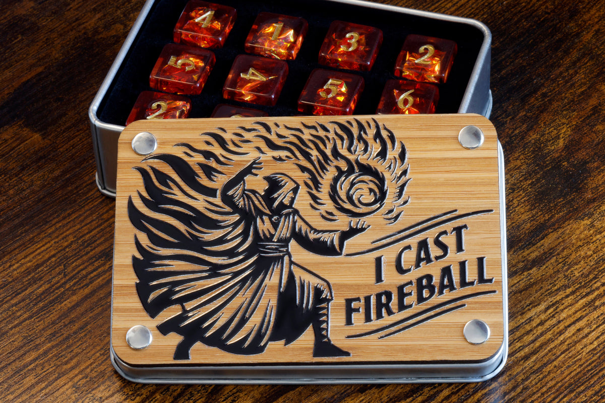 Boîte à dés Je lance une boule de feu et ensemble de 12 D6 Opale de feu – Rouge orangé à paillettes holographiques