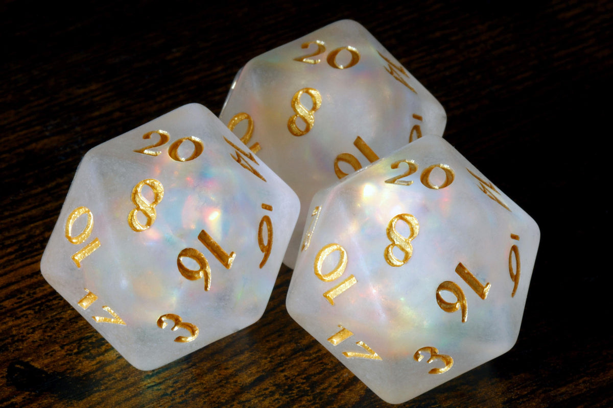 Paladin's Oath Large D20 Dice – Set of 3, Frosted White with Holographic Foil