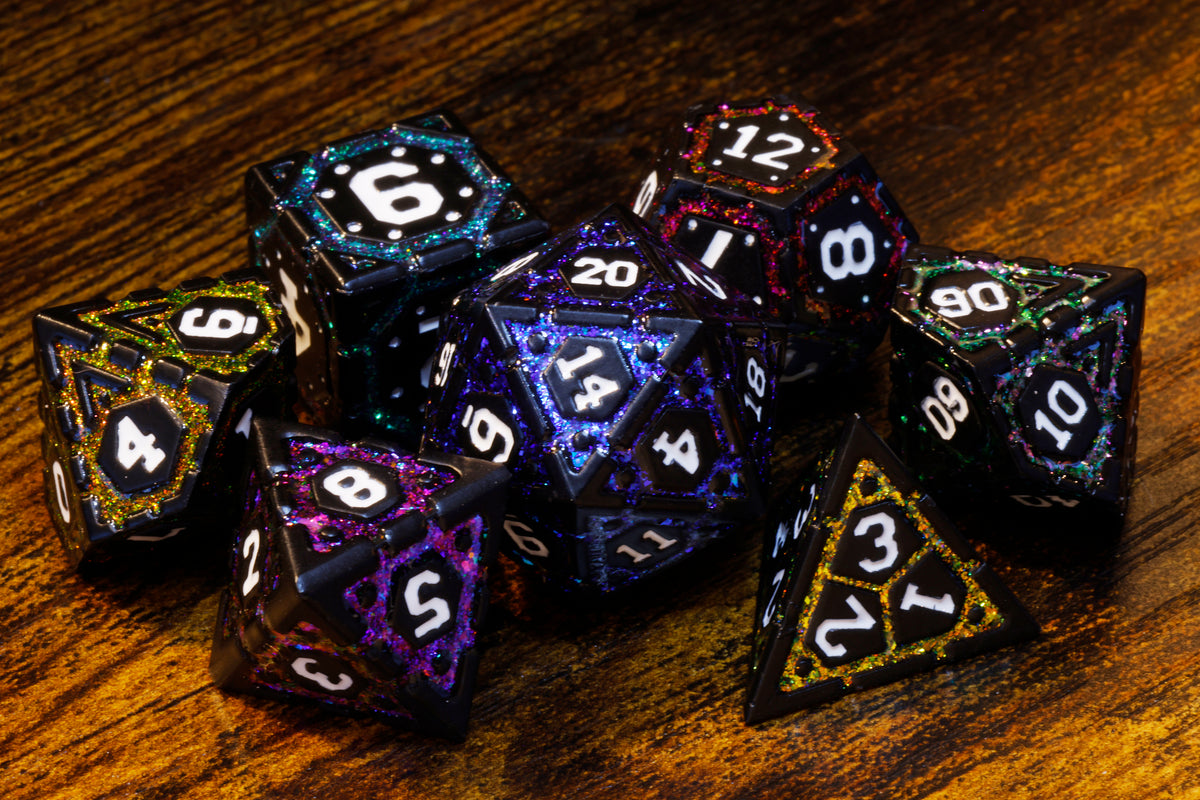 Polychrome Vault Dice Set, Black metal with multicolor mica - The Wizard's Vault