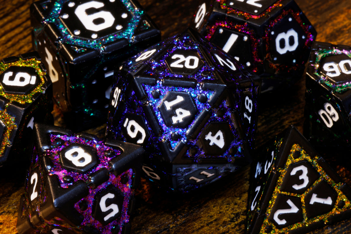Polychrome Vault Dice Set, Black metal with multicolor mica - The Wizard's Vault