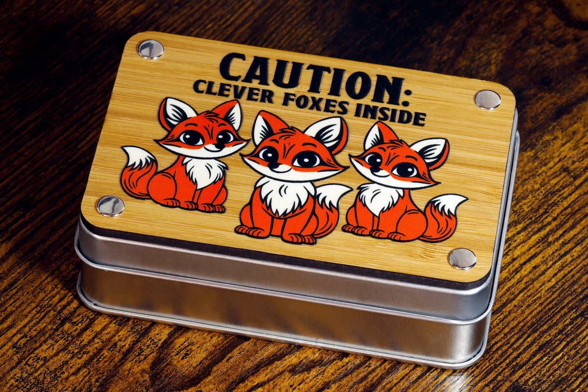 Renard – Ensemble de dés et boîte – Renardeaux roux sur couche verte scintillante