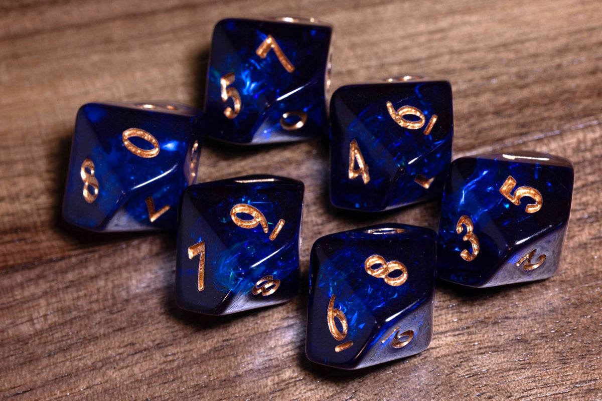 Cobalt Opal D10 Dice – Dark Blue Holographic Foil, Gold Font - The Wizard's Vault