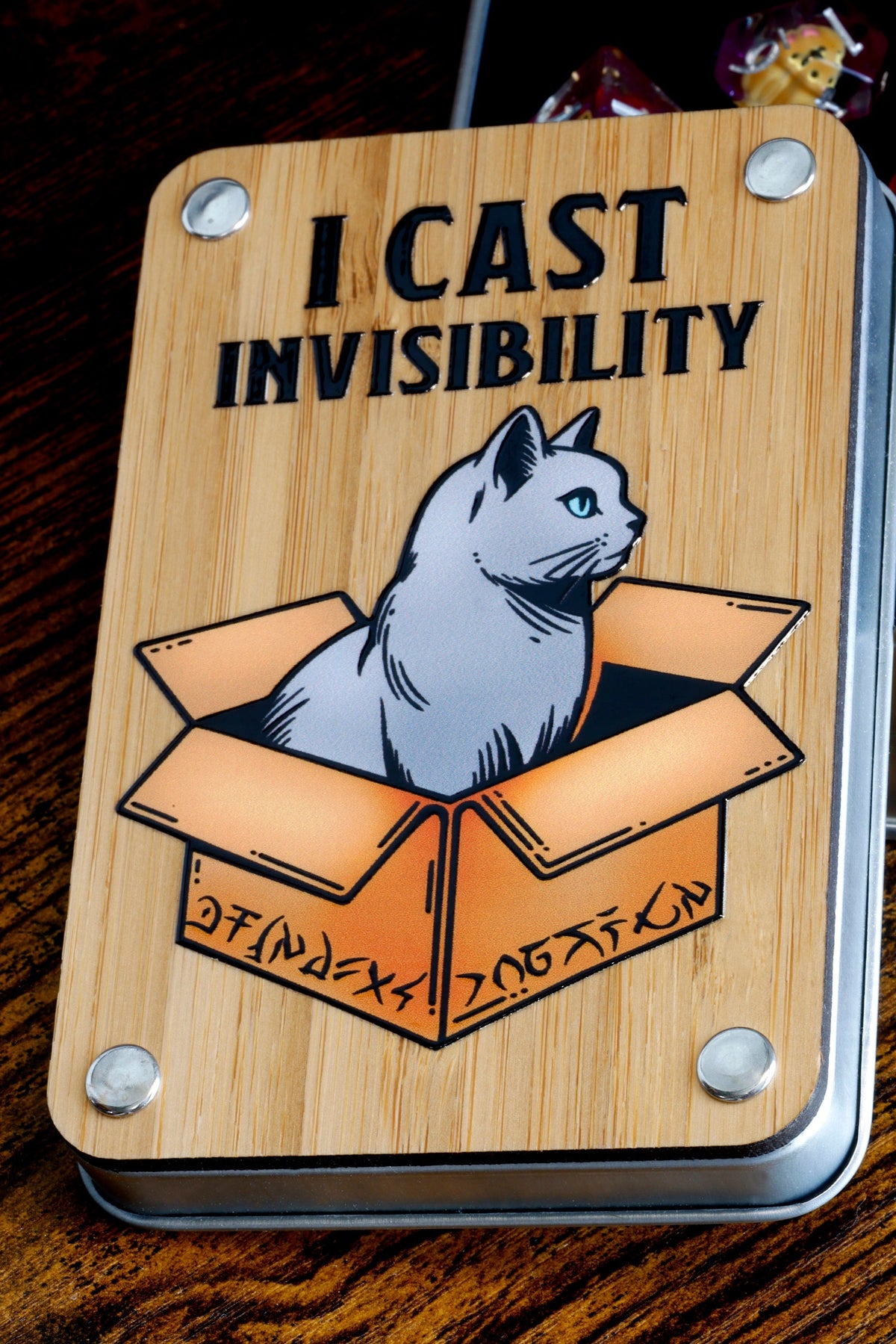 I Cast Invisibility Dice Box with Grey Cat Dice Set