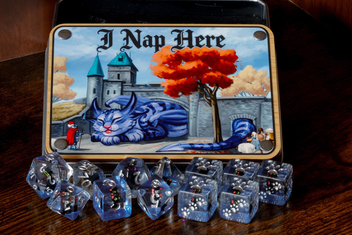 I Nap Here | Dragon Cat Dice Box & Black Cat Dice Set | 11-Piece - The Wizard's Vault