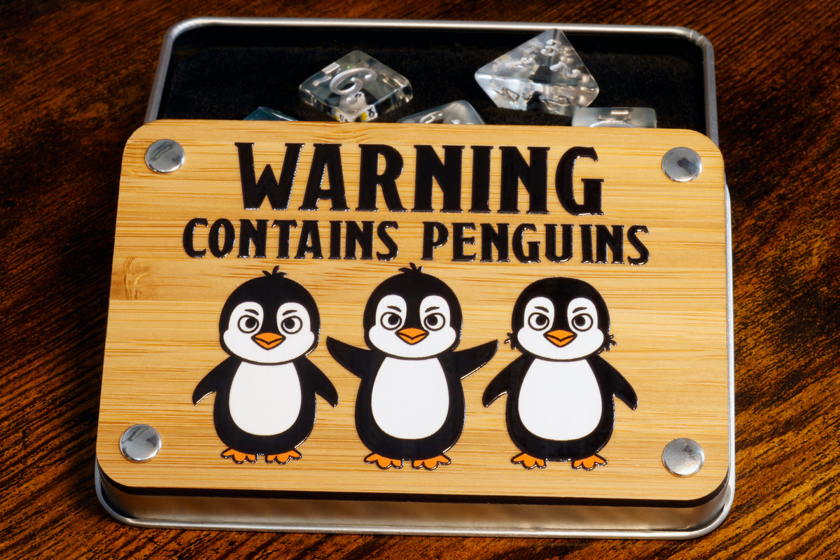 a wooden sign that says warning contains penguins