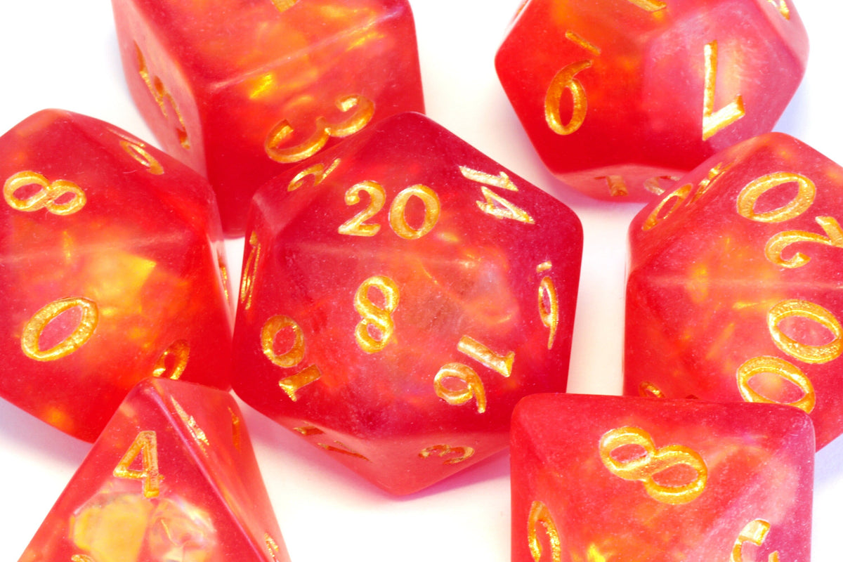Dragon's Breath dice set, red-orange frosted resin with holographic inclusions