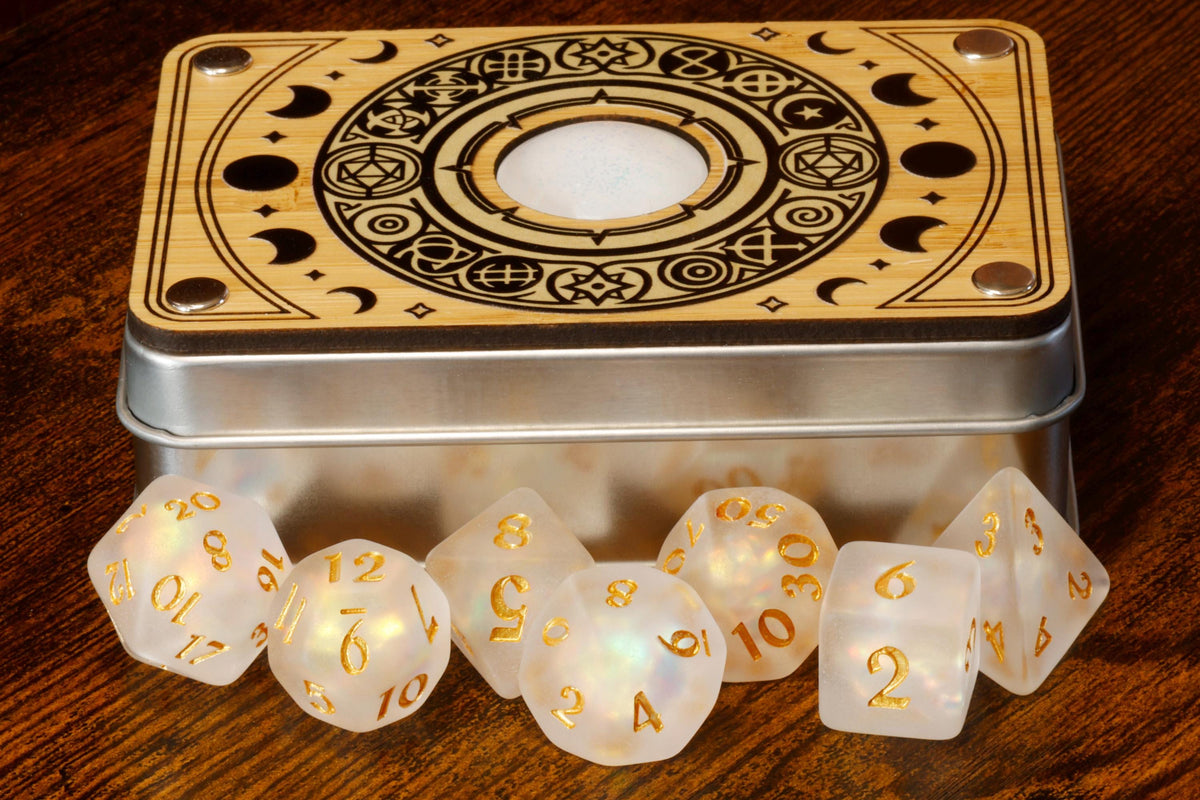 Celestial Round Dice Box & Opal Dice Set - The Wizard's Vault