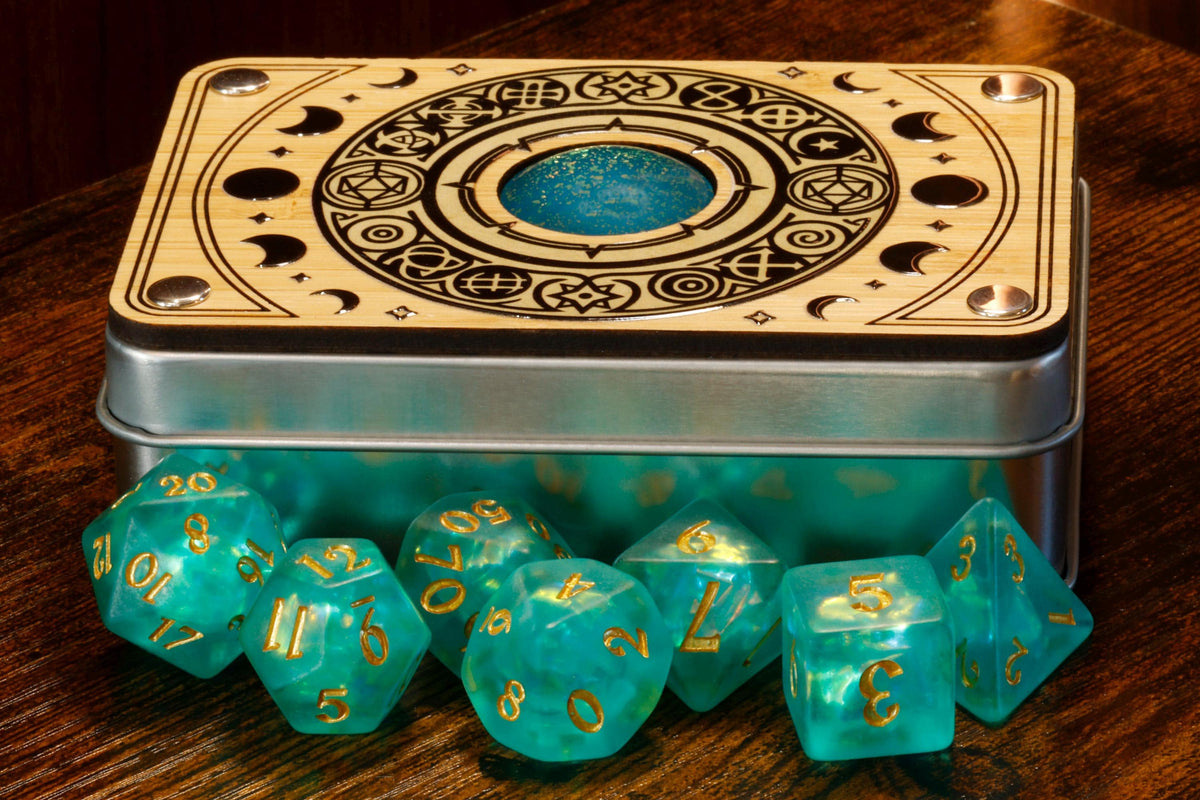 Celestial Round Dice Box & Opal Dice Set - The Wizard's Vault