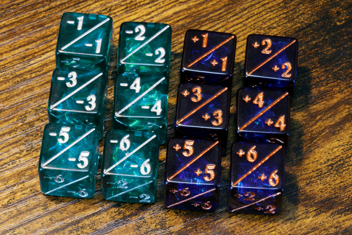 Dark Blue & Teal Counter Dice – 12-Piece +1/+1 and -1/-1 Token Set