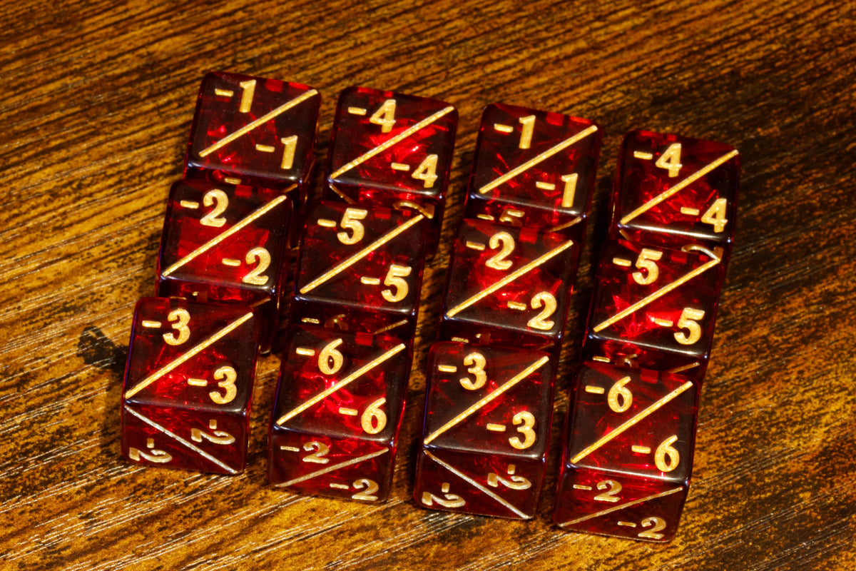 Cherry Opal Counter Dice – 12 Red -1/-1 Token Counters