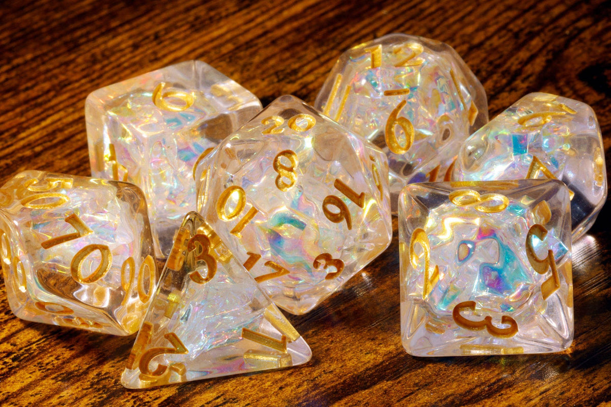 Sacred Opal 7-Piece Dice Set – Clear Translucent with Holographic Foil - The Wizard's Vault