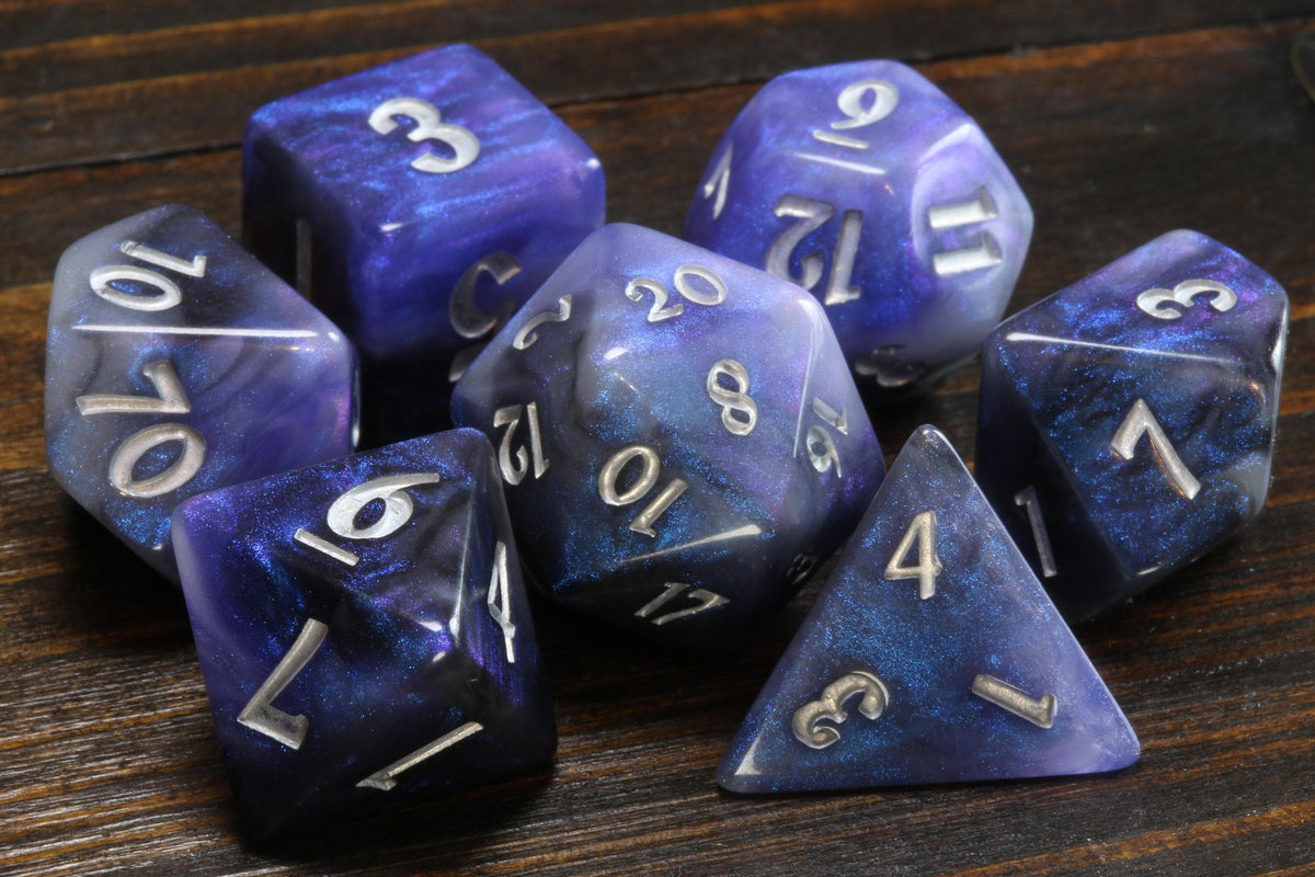 Dreamveil Opal 7-Piece Dice Set – Semi-Opaque with Iridescent Blue and Purple Glitter - The Wizard's Vault