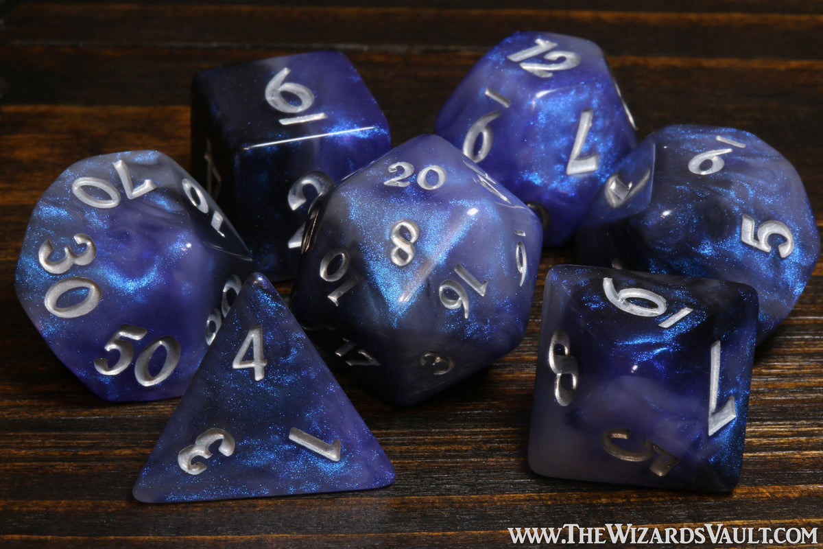 Dreamveil Opal dice set, semi-opaque resin with iridescent blue and purple glitter