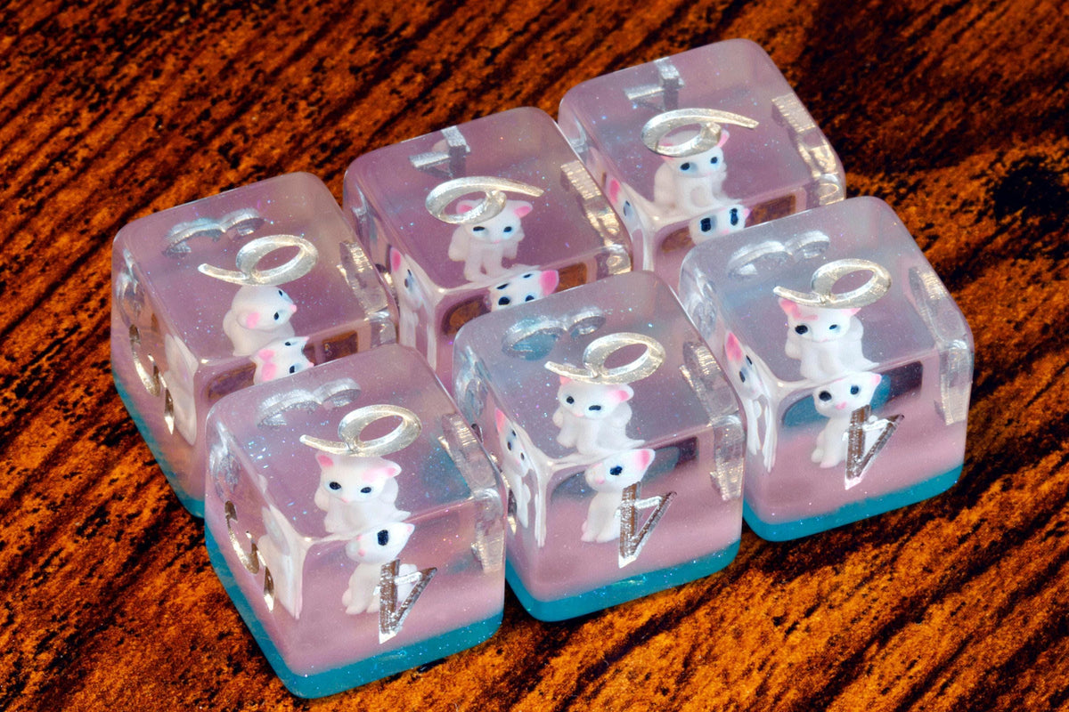 White Cat D6 Dice – White cat on a blue and pink layer - The Wizard's Vault