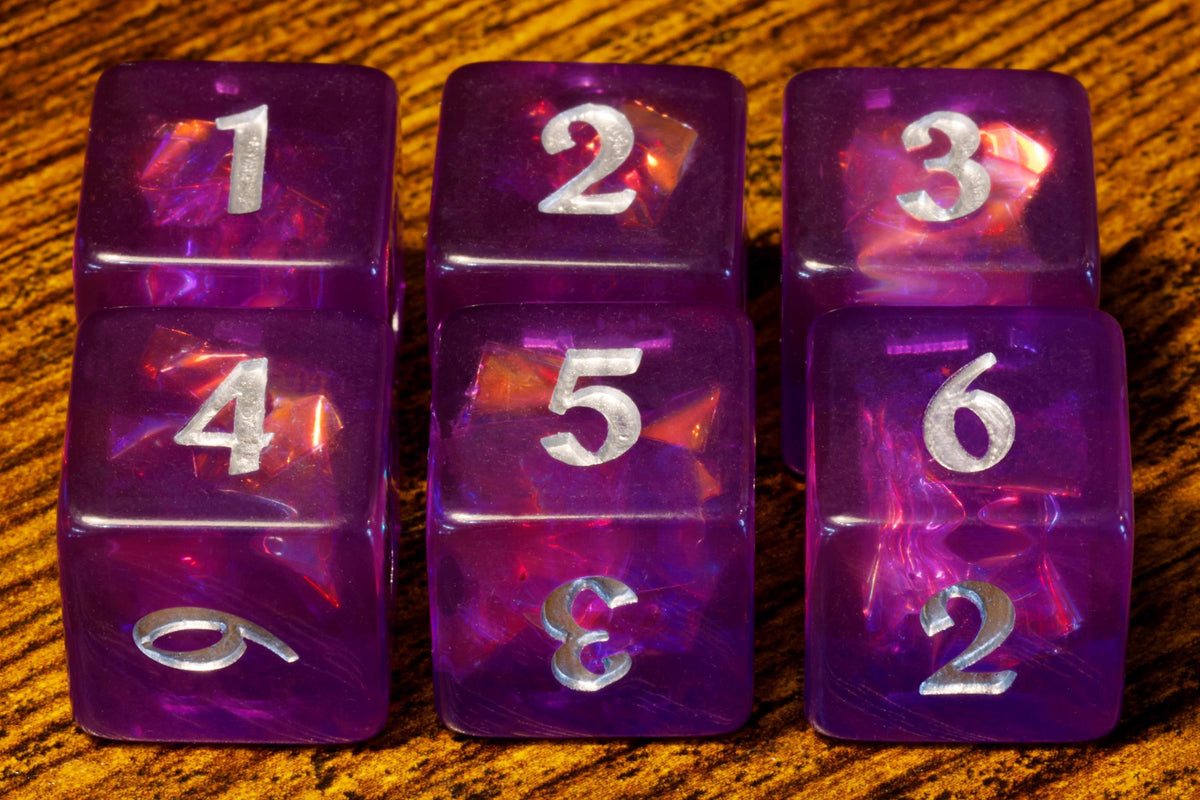 Eldritch Opal D6 Dice – Purple Holographic Inclusions, Translucent Holographic Glitter - The Wizard's Vault