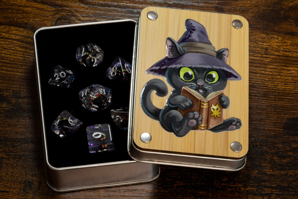 Wizard Cat dice box with black cat dice set - The Wizard's Vault