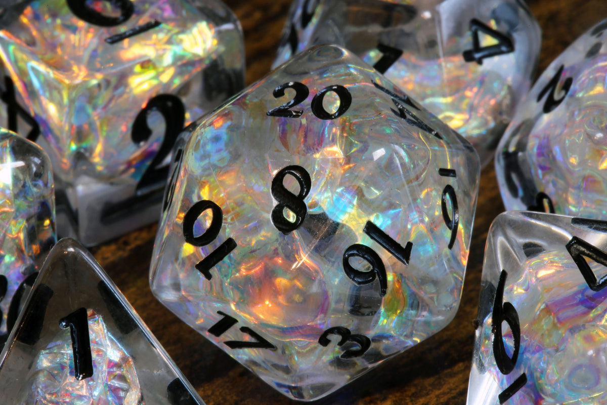Icy Opal dice set - Clear Holo dice - Dice set with rainbow holographic inclusions - The Wizard's Vault