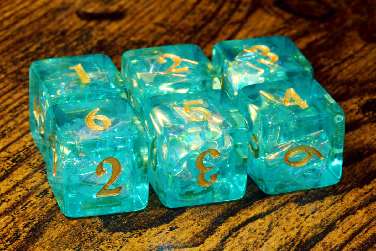 Ocean Opal D6 dice - Turquoise green Holographic inclusions - The Wizard's Vault