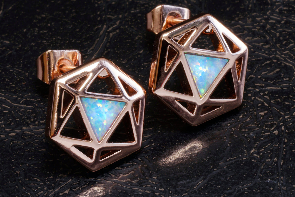 D20 Dice stud earrings, Rose gold dice earrings with light blue opal - The Wizard's Vault