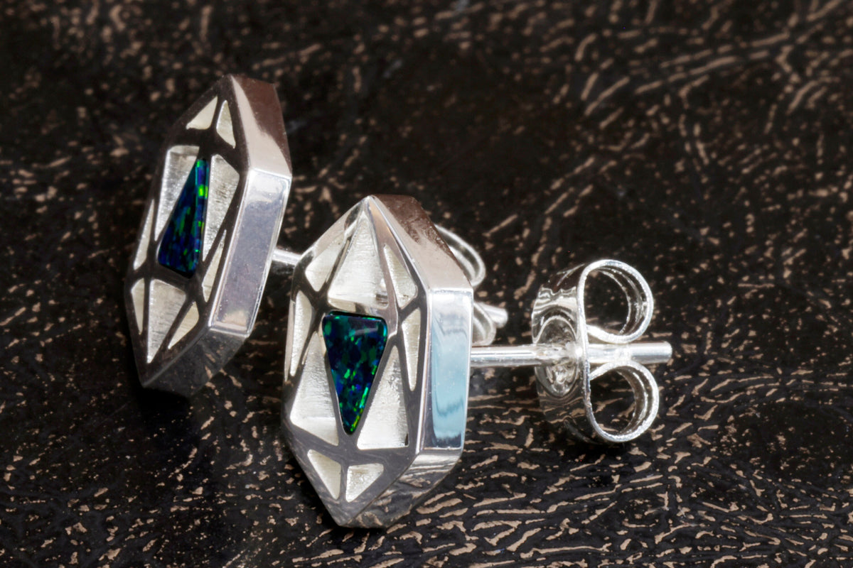 D20 Dice stud earrings, Dice earrings with dark blue black opal - The Wizard's Vault