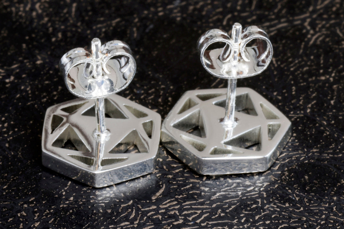 D20 Dice stud earrings, Dice earrings with ice white opal - The Wizard's Vault