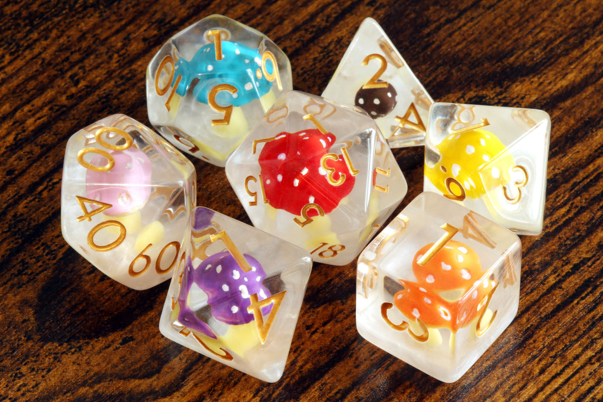 Mushroom Dice Vault and Multicolored Mushroom dice set - The Wizard's Vault