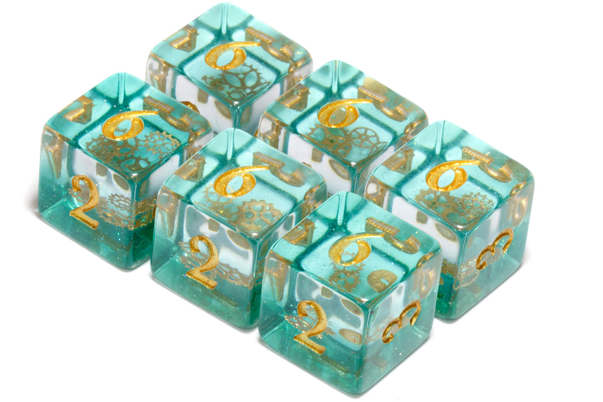 Ethereal Sprockets D6 Dice, Blue green glittery layer with small golden gear inclusions - The Wizard's Vault