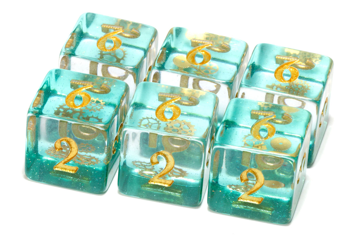 Ethereal Sprockets D6 Dice, Blue green glittery layer with small golden gear inclusions - The Wizard's Vault