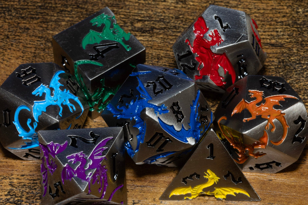 Dragoncore metal dice set – gunmetal with rainbow dragons