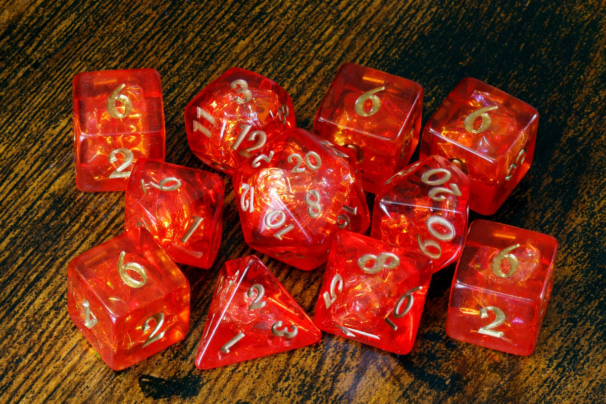 Pyromancer Ritual Dice Box and  11-Piece Fire Opal Dice Set - The Wizard's Vault