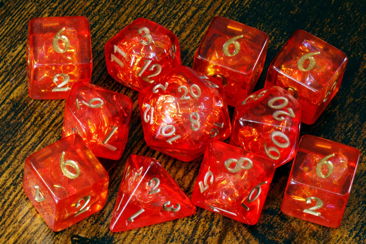 Pyromancer Ritual Dice Box and  11-Piece Fire Opal Dice Set - The Wizard's Vault