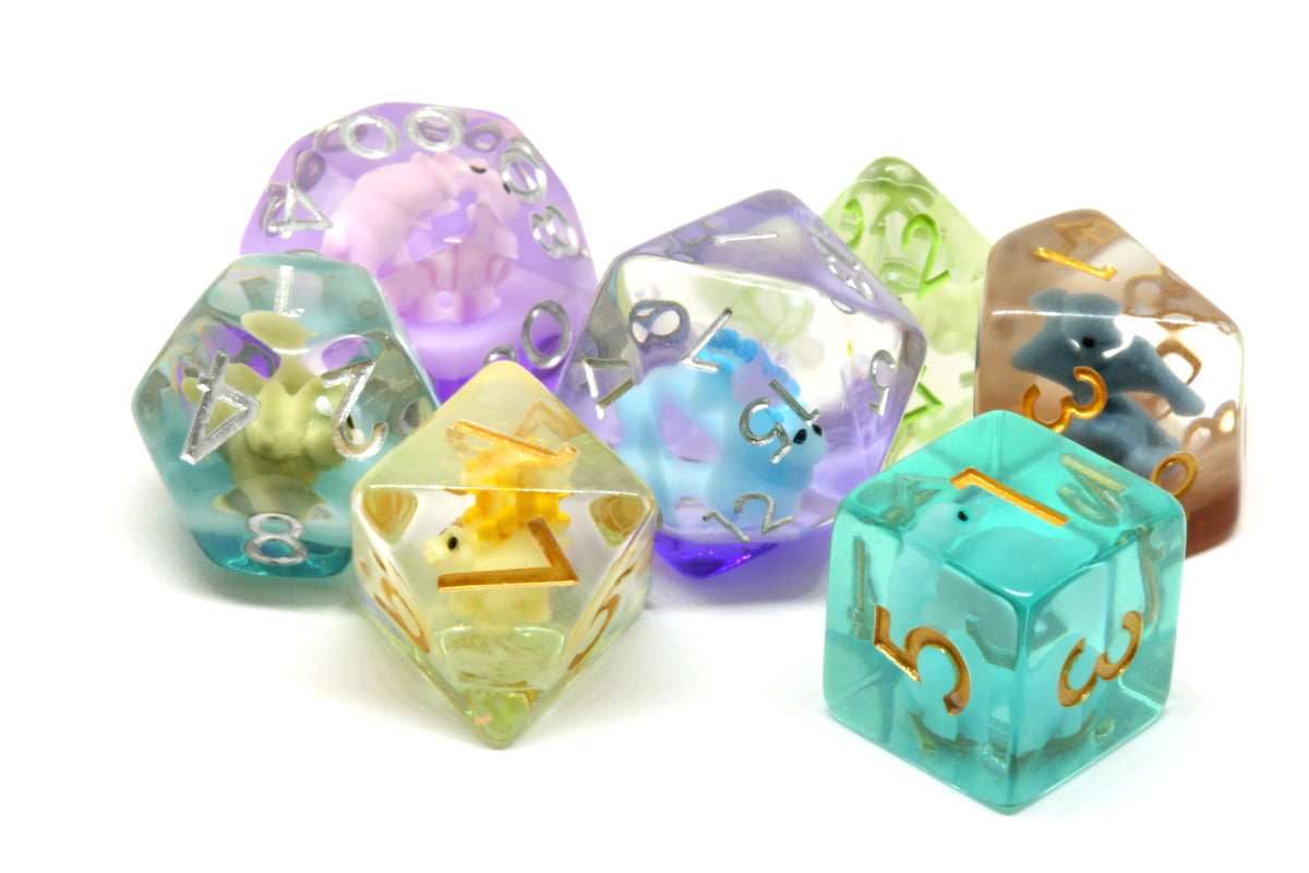 Mixed dinosaur Dungeons and Dragons dice set