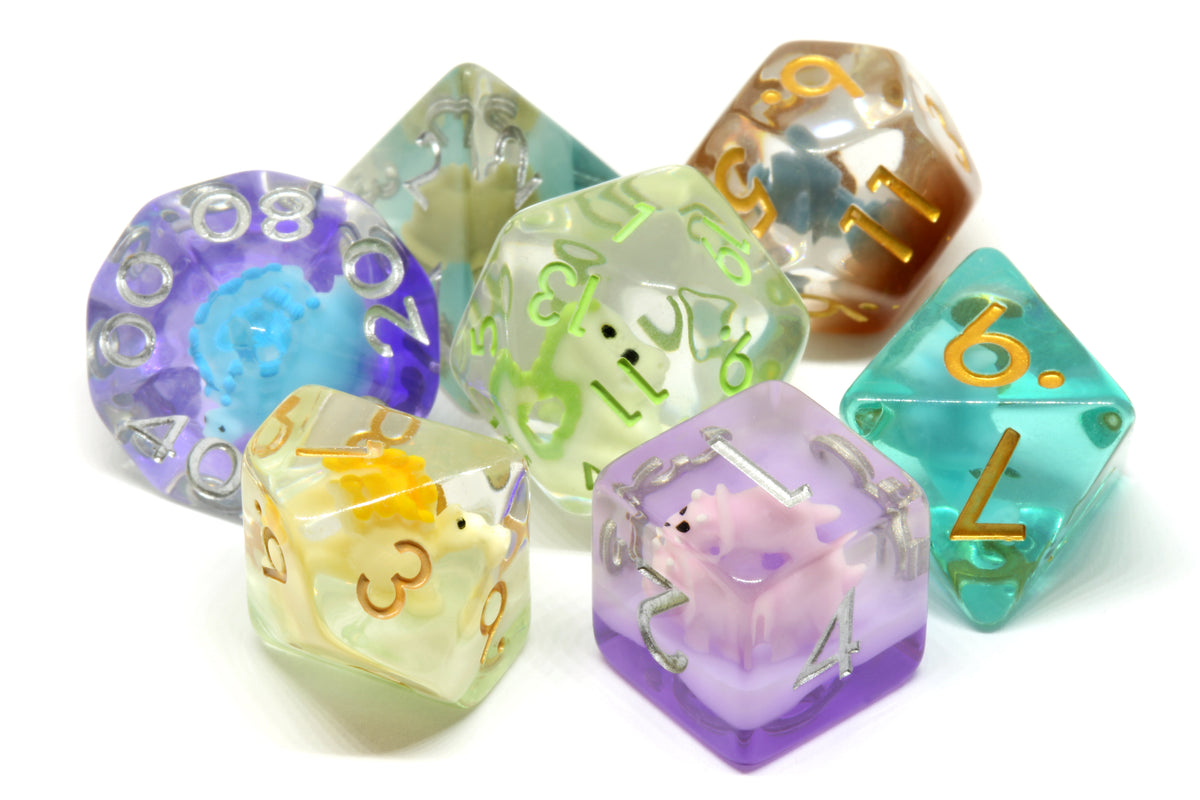 Resin dice set with assorted dinosaur inclusions