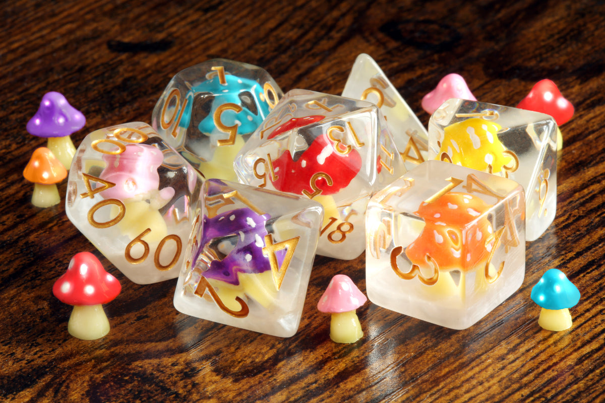 Rainbow Colorshroom dice set - Multicolor Mushroom dice - The Wizard's Vault