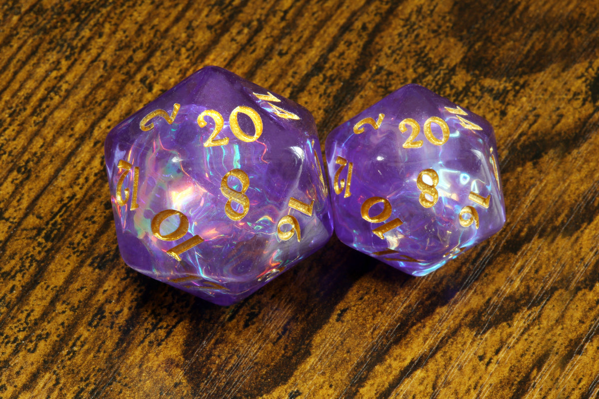 Mystic Opal dice set, purple resin with holographic inclusions