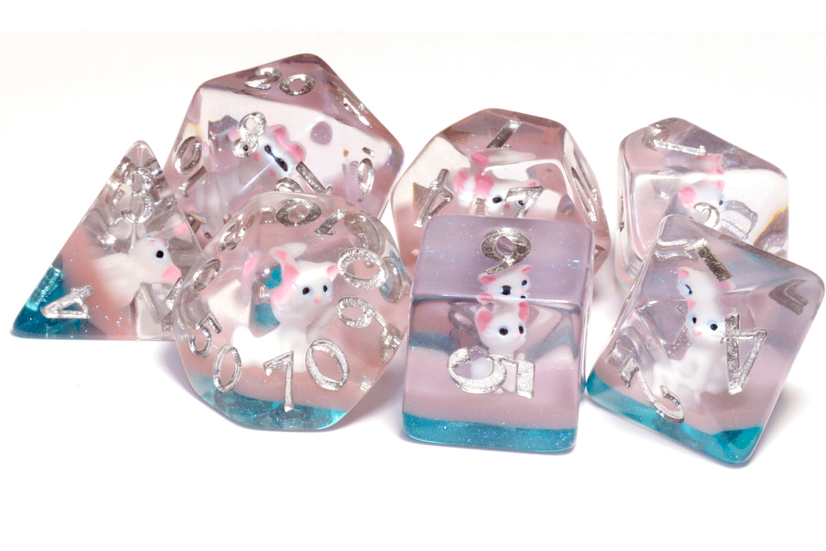 Lucky Whiskers dice set with white cats - The Wizard's Vault