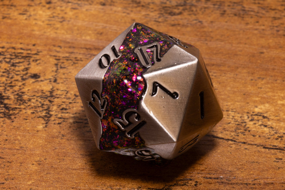 Mana Ore Metal D20 – Antique Silver with Rainbow Mica