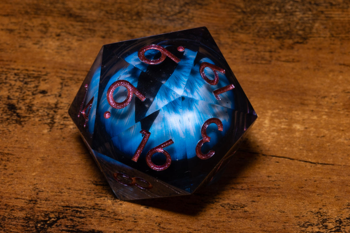 Frost Dragon Eye Liquid Core Oversized D20 – Extra Large D20 with Blue Moving Eye