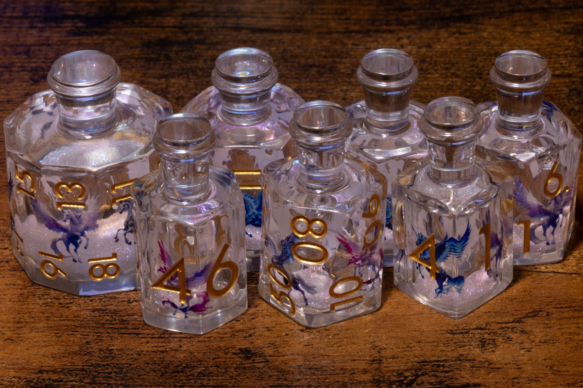 Dragon's Draught 7-Piece Liquid Core Potion Dice Set – White Shimmer with Blue & Purple Dragons